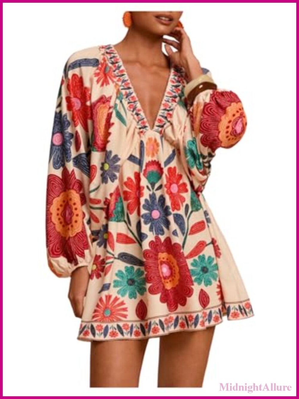 Boho Floral V Neck Mini Dress Bishop Sleeve Tropical